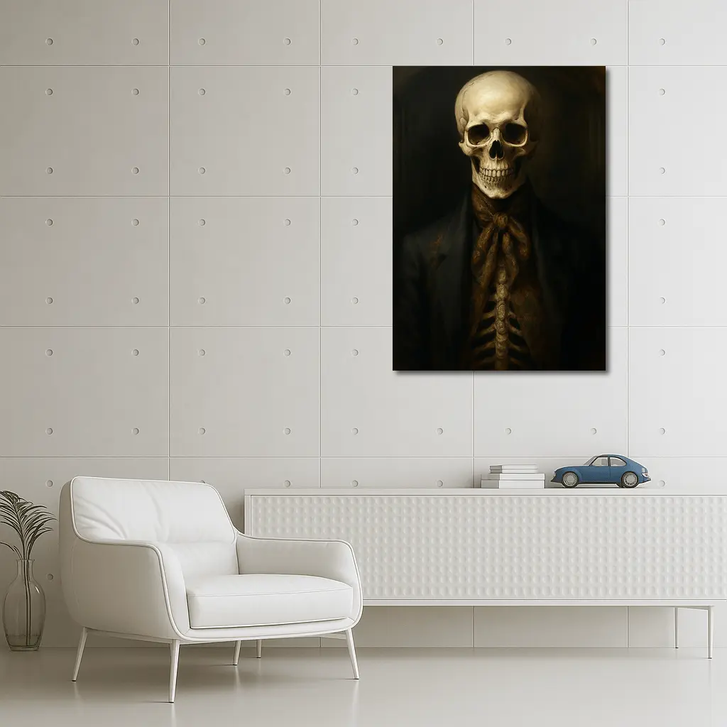 Skeleton Portrait Dark Academia Oil Painting – Wall Art