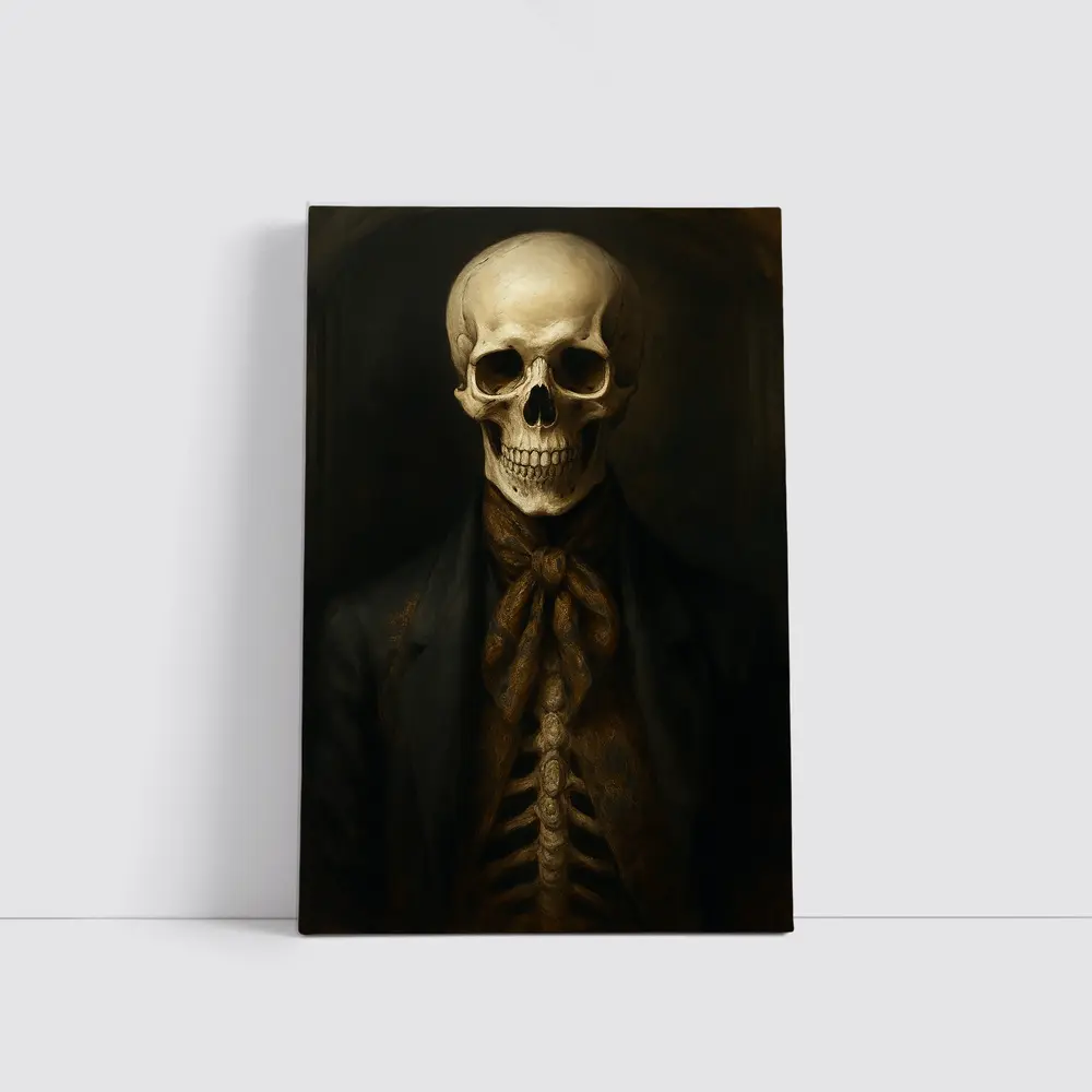 Skeleton Portrait Dark Academia Oil Painting – Wall Art