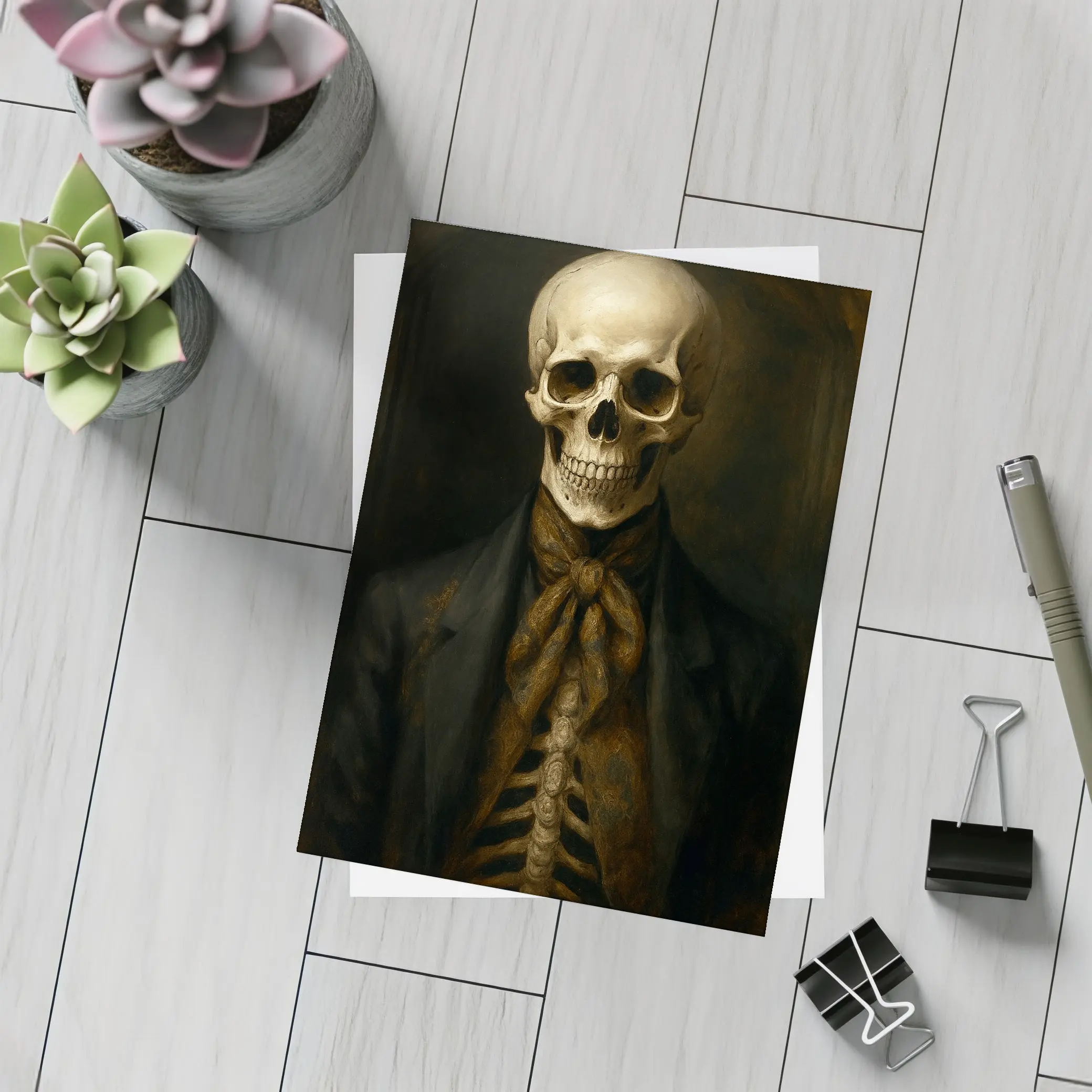 Skeleton Portrait Dark Academia Oil Painting – Postcards