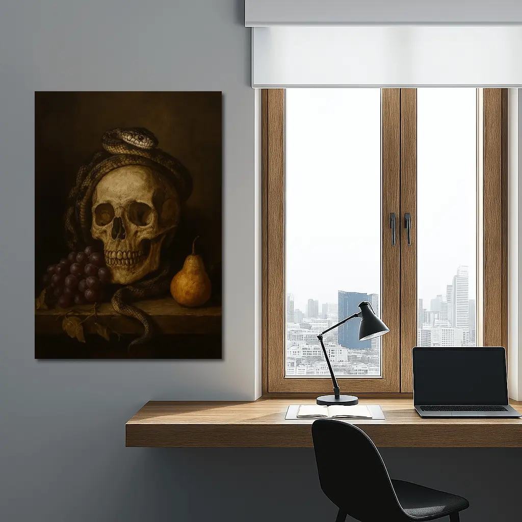 Skull Snake Grapes Pear Dark Still Life – Wall Art
