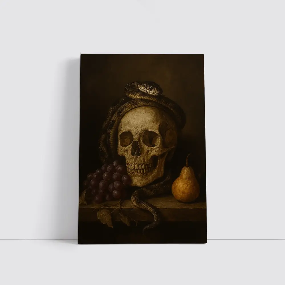 Skull Snake Grapes Pear Dark Still Life – Wall Art