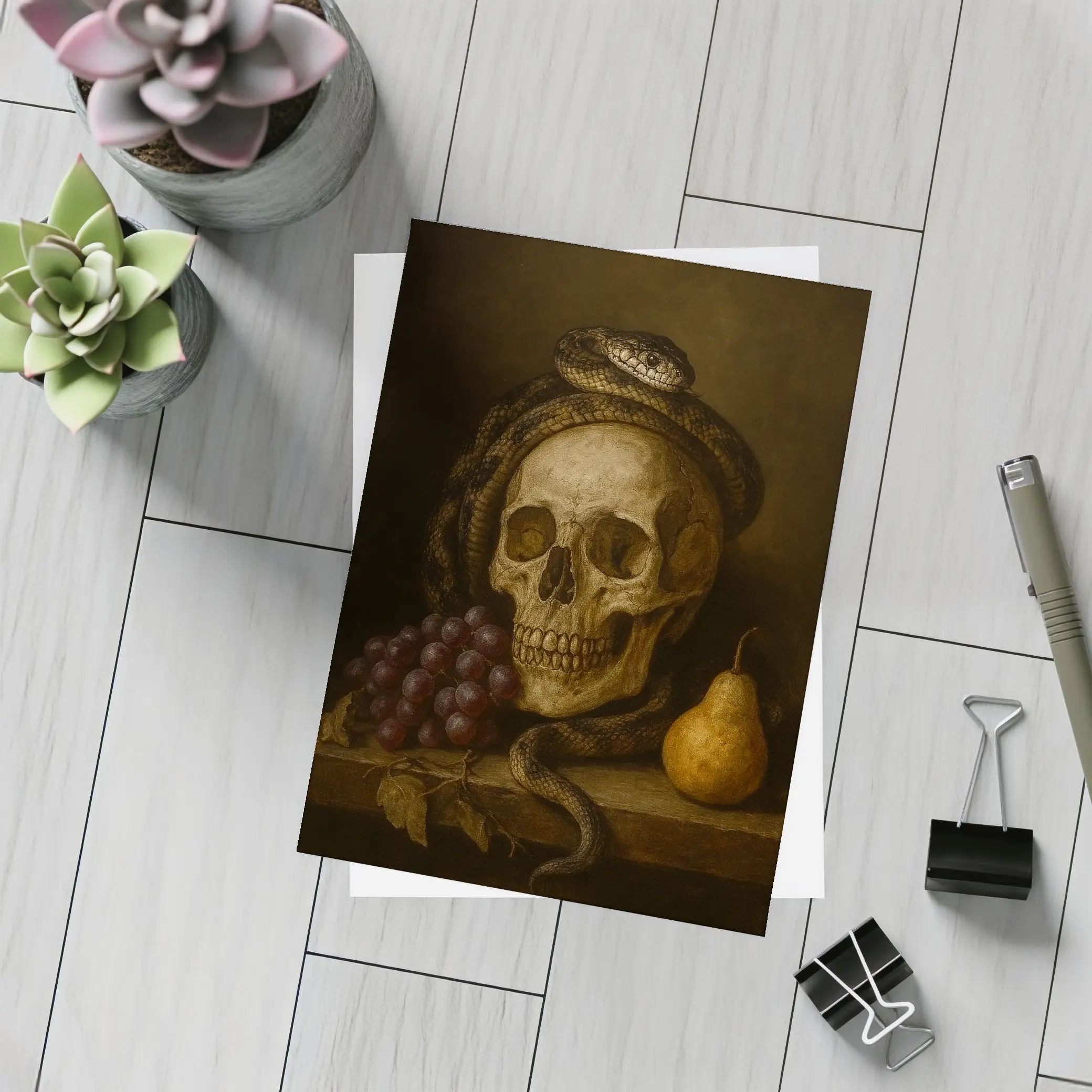 Skull Snake Grapes Pear Dark Still Life – Postcards