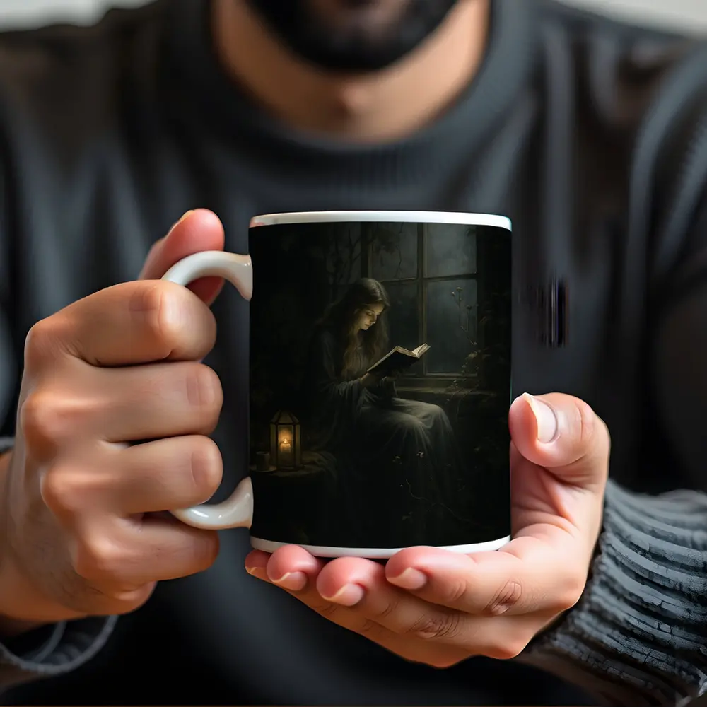 Girl Reading Book By Candlelight Window – Mugs