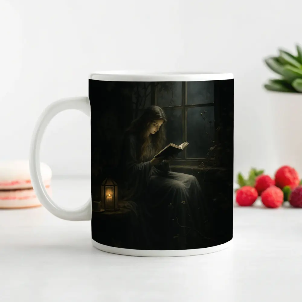 Girl Reading Book By Candlelight Window – Mugs