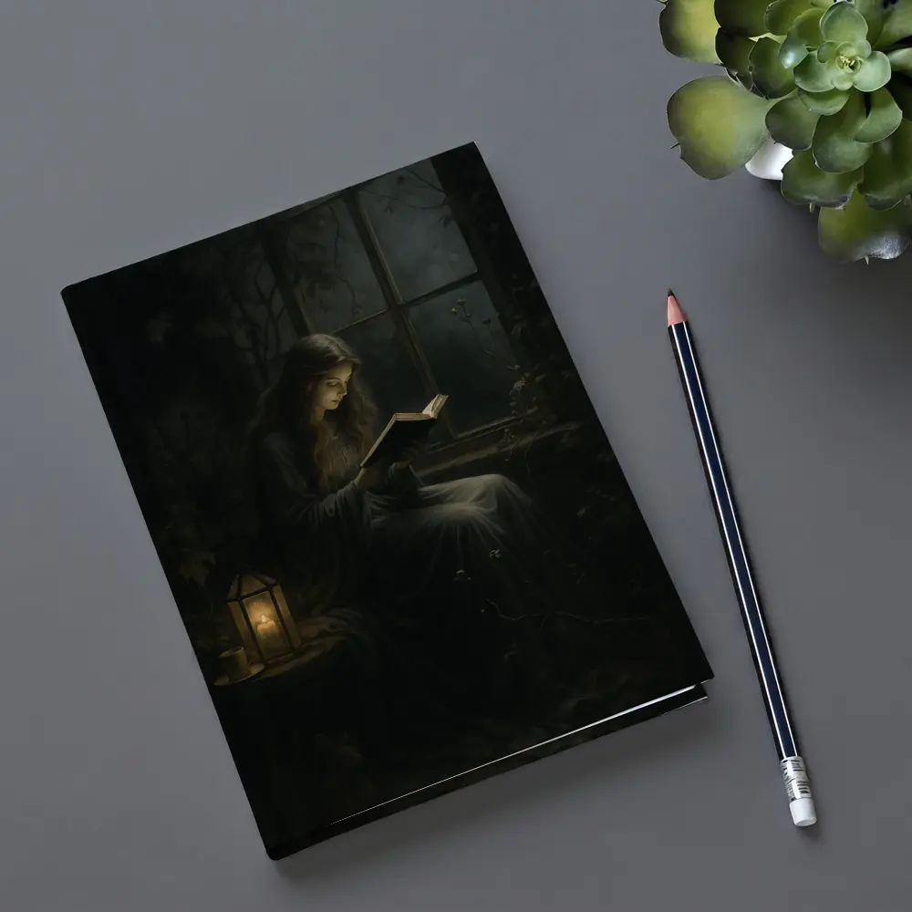 Girl Reading Book By Candlelight Window – Notebooks