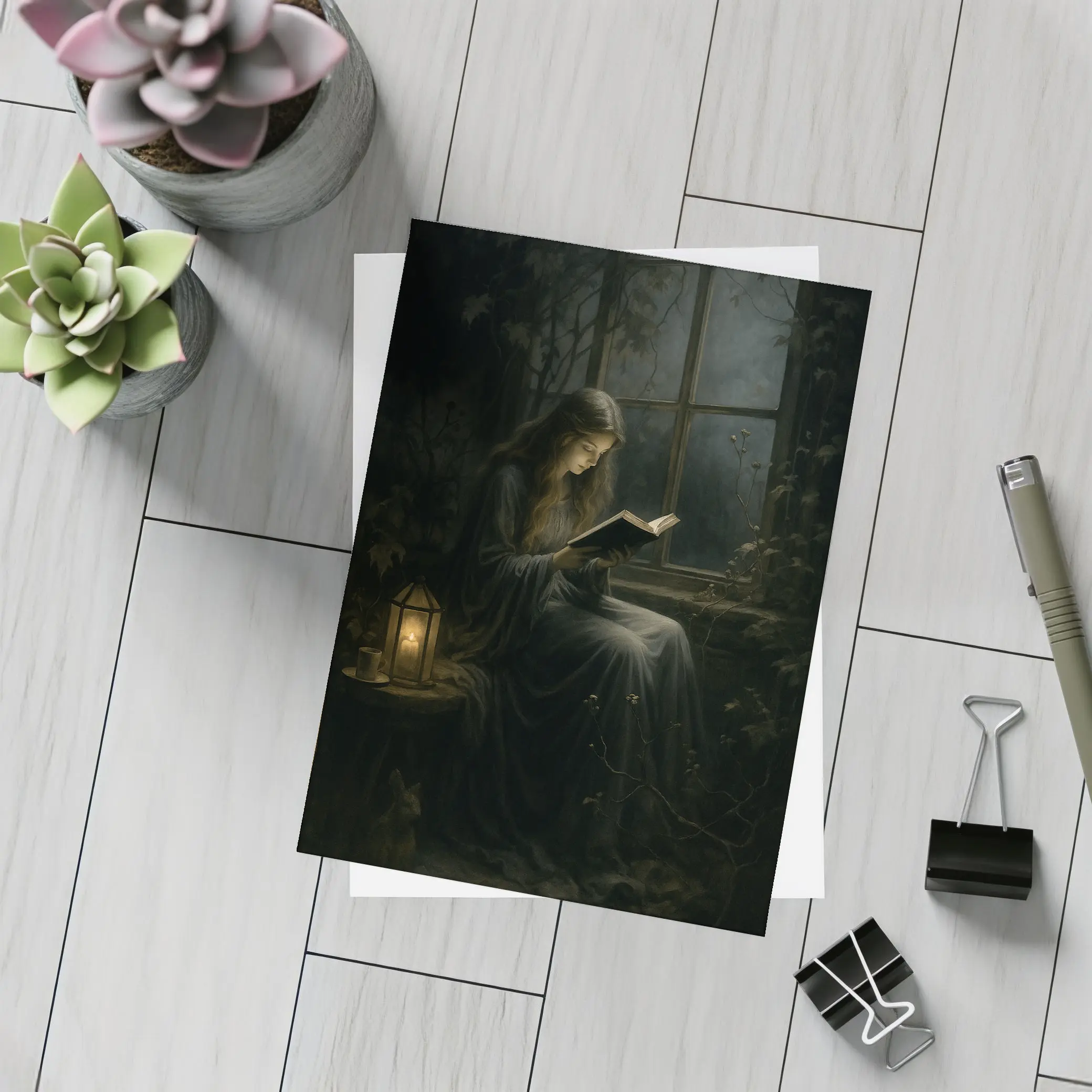 Girl Reading Book By Candlelight Window – Postcards