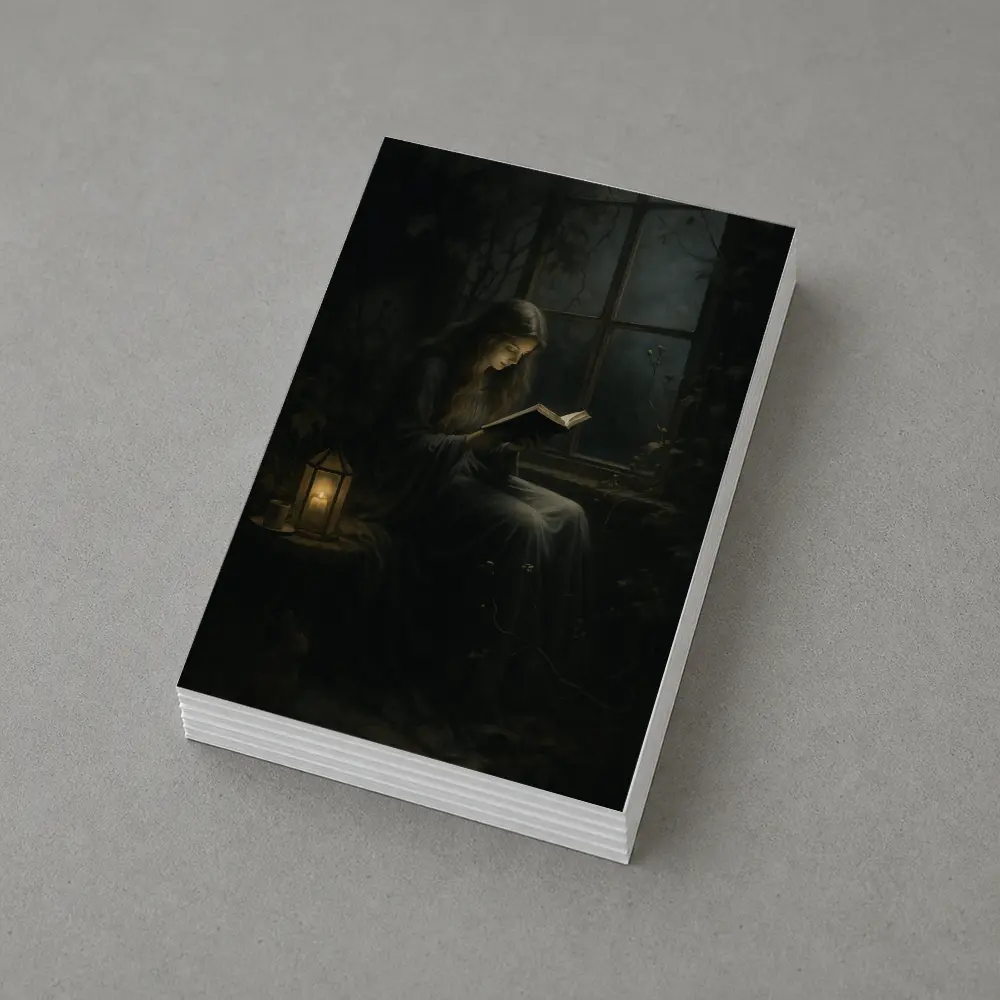 Girl Reading Book By Candlelight Window – Postcards