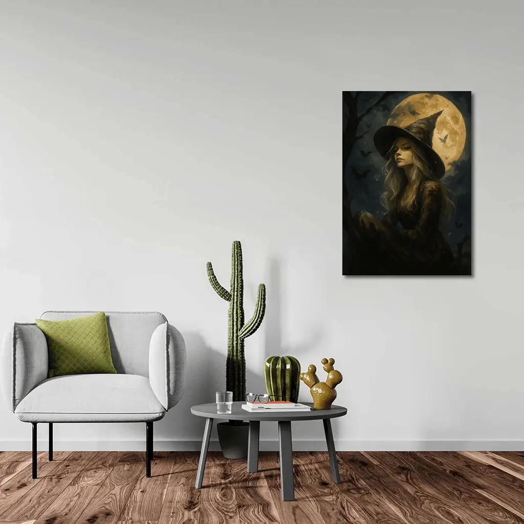 Witch Girl Full Moon Night Oil Painting – Wall Art