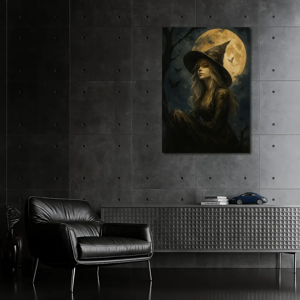 Witch Girl Full Moon Night Oil Painting – Wall Art