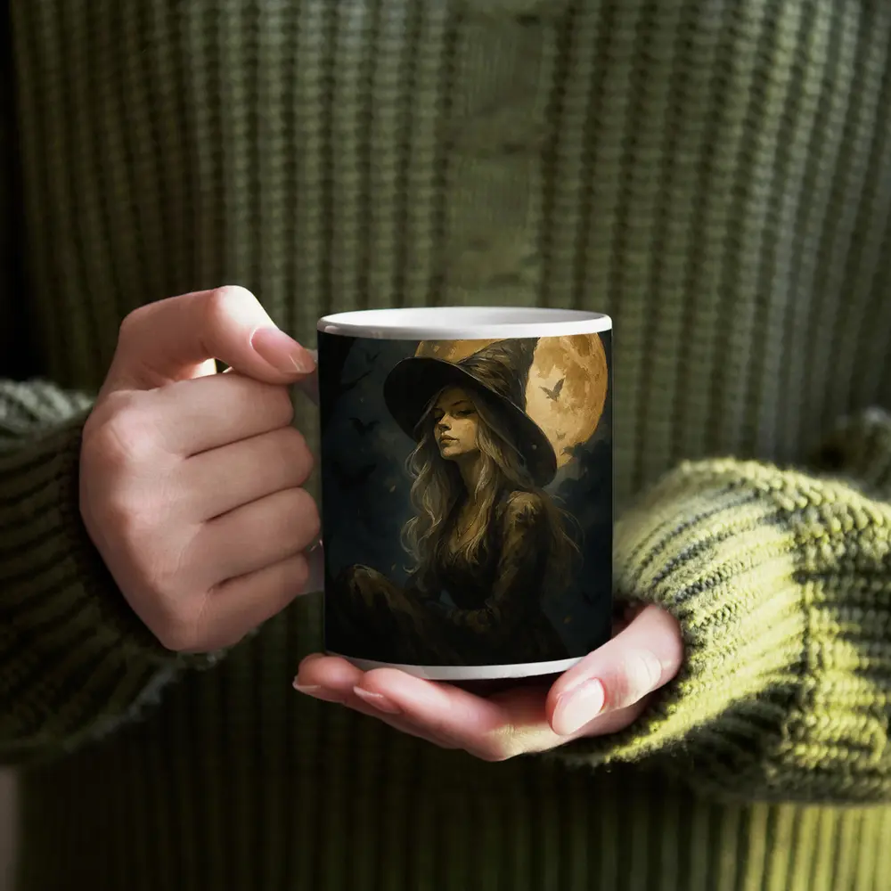 Witch Girl Full Moon Night Oil Painting – Mugs