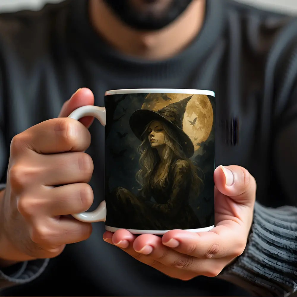Witch Girl Full Moon Night Oil Painting – Mugs
