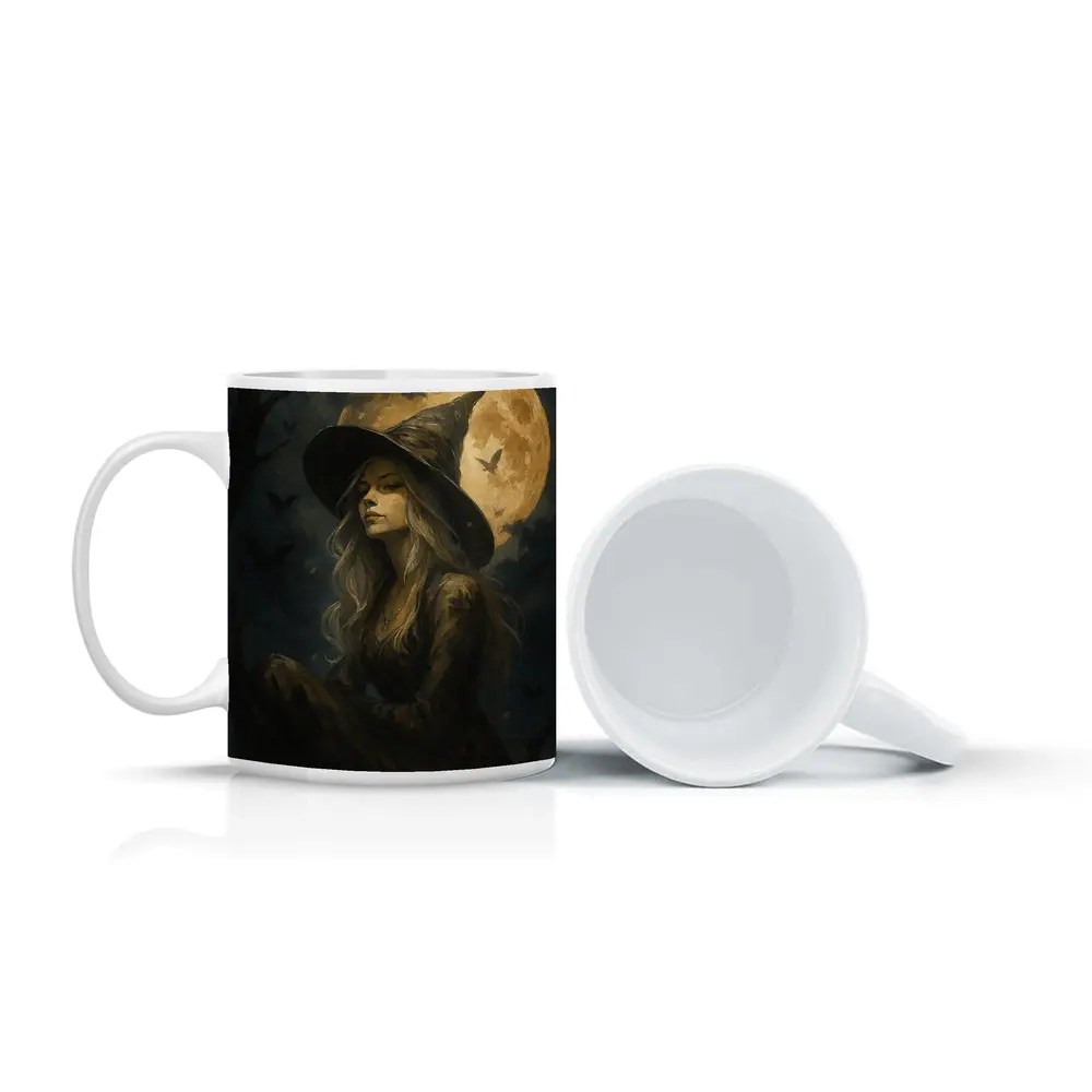 Witch Girl Full Moon Night Oil Painting – Mugs