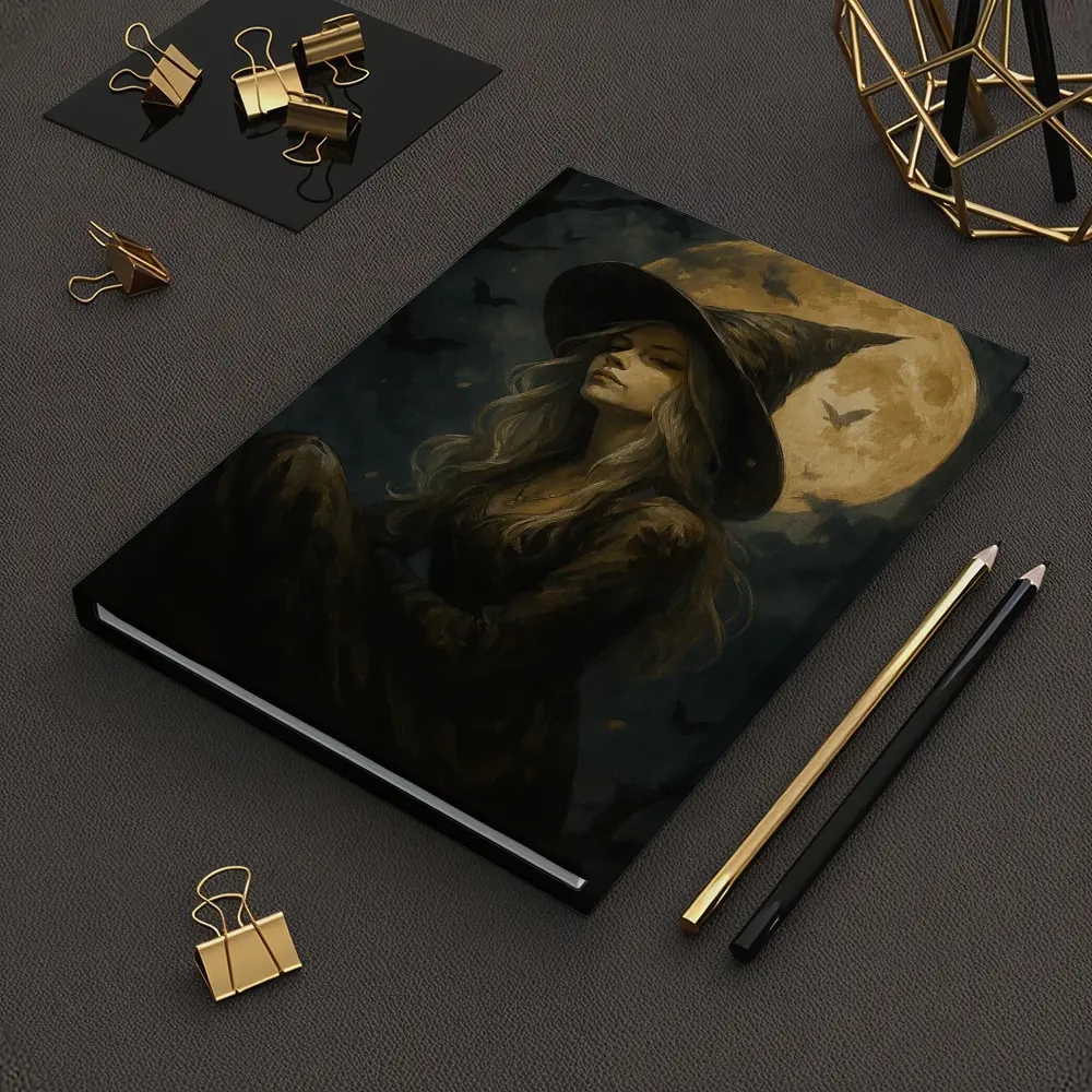 Witch Girl Full Moon Night Oil Painting – Notebooks