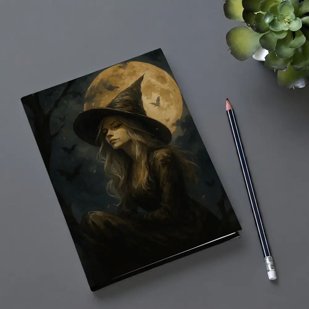 Witch Girl Full Moon Night Oil Painting – Notebooks