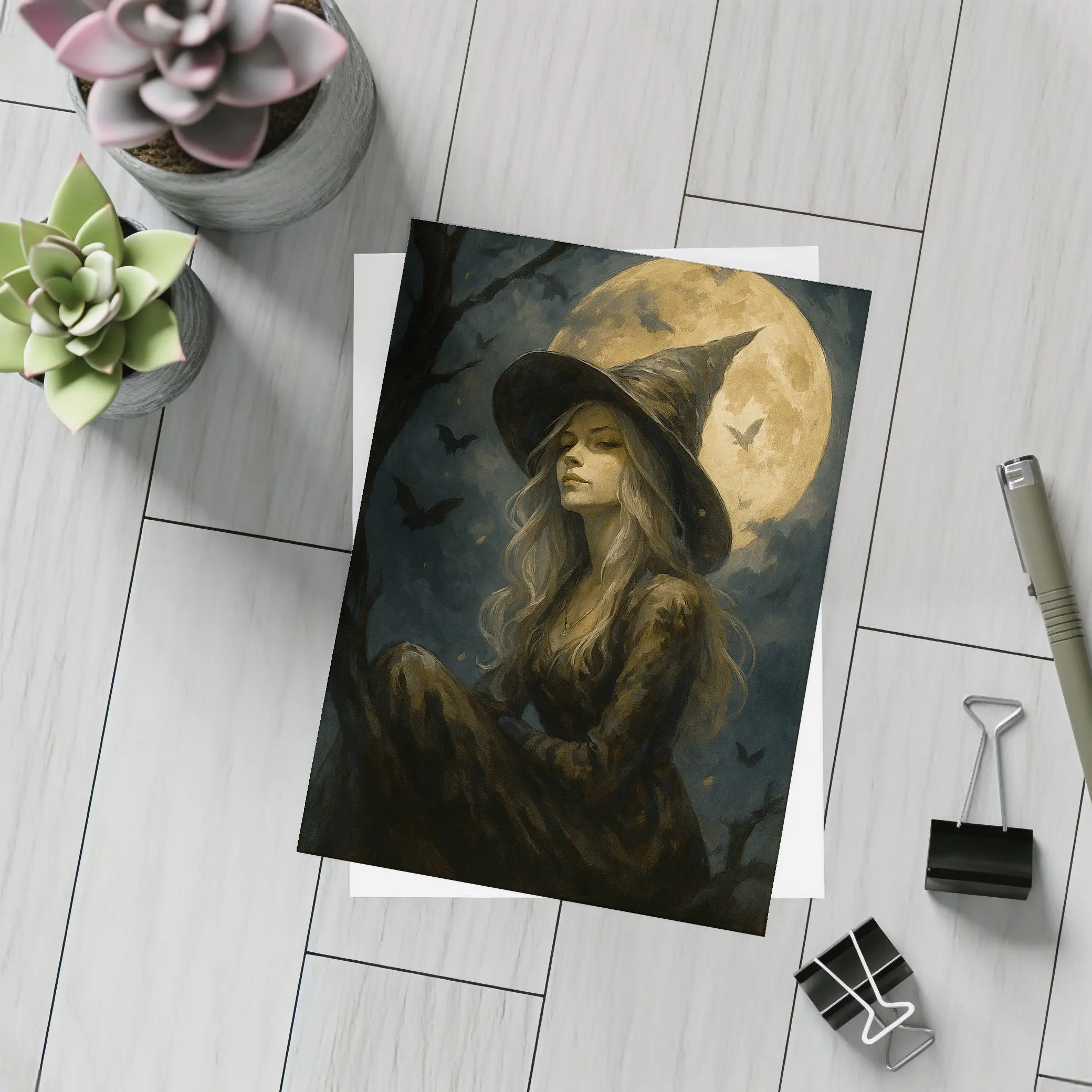 Witch Girl Full Moon Night Oil Painting – Postcards