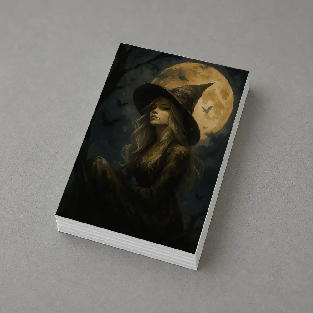Witch Girl Full Moon Night Oil Painting – Postcards