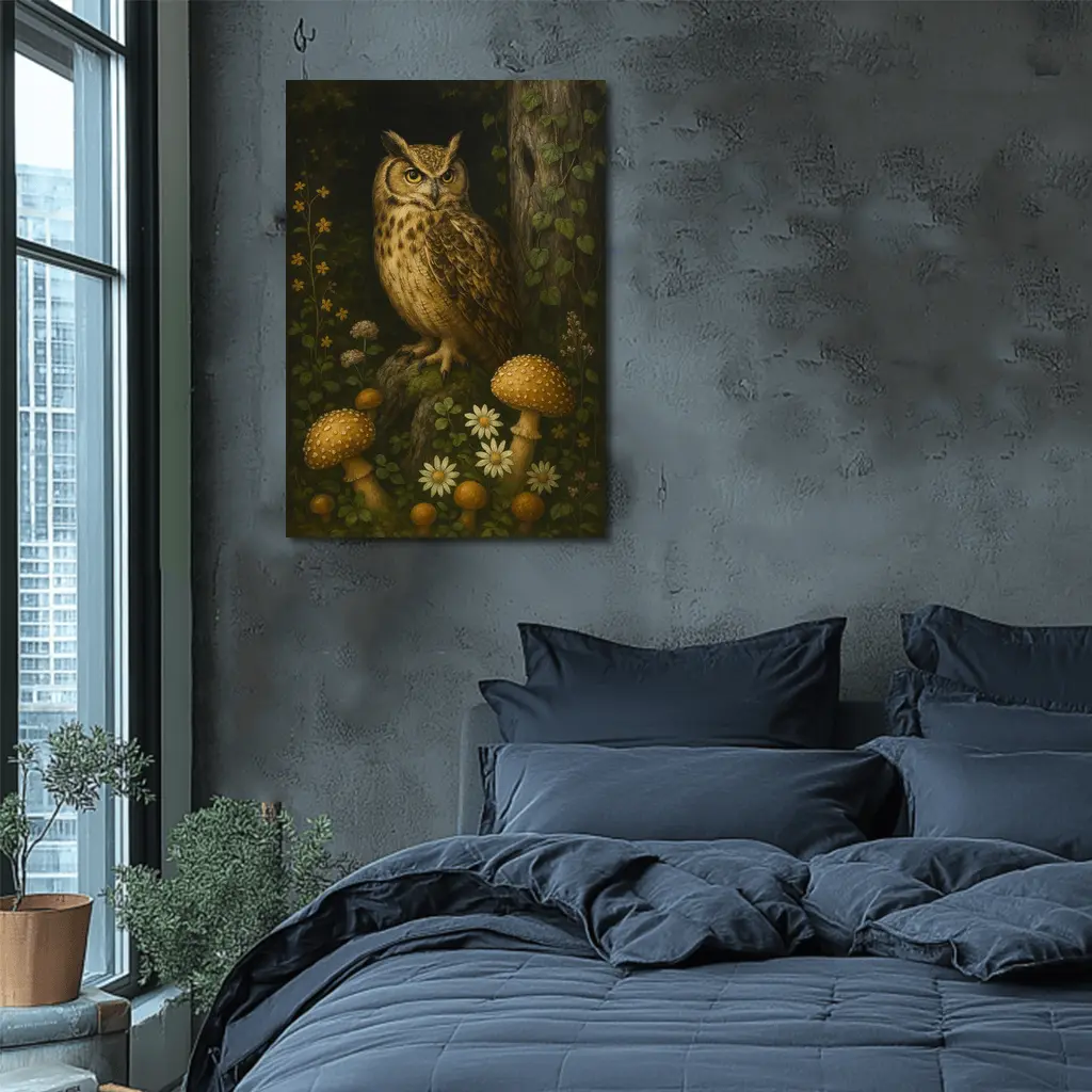 Great Horned Owl Mushrooms Forest Dark Background – Wall Art