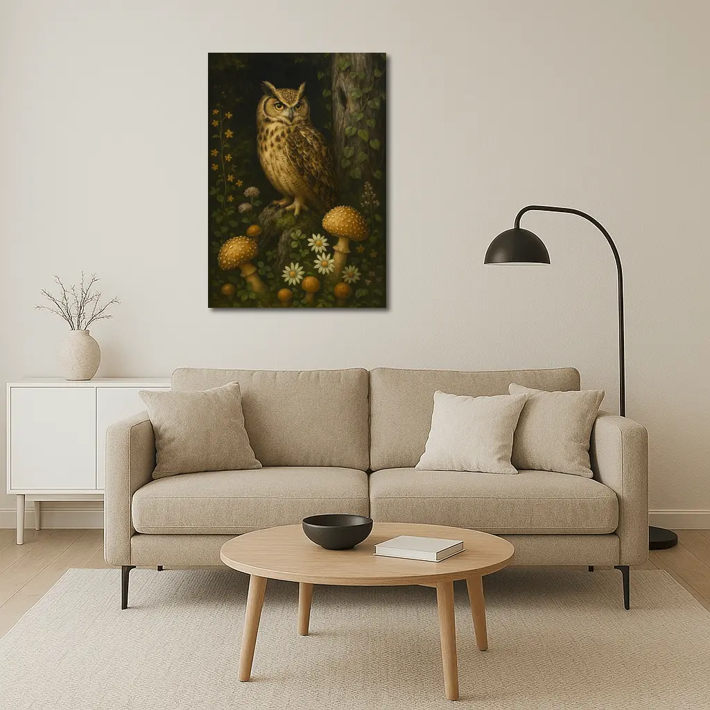 Great Horned Owl Mushrooms Forest Dark Background – Wall Art