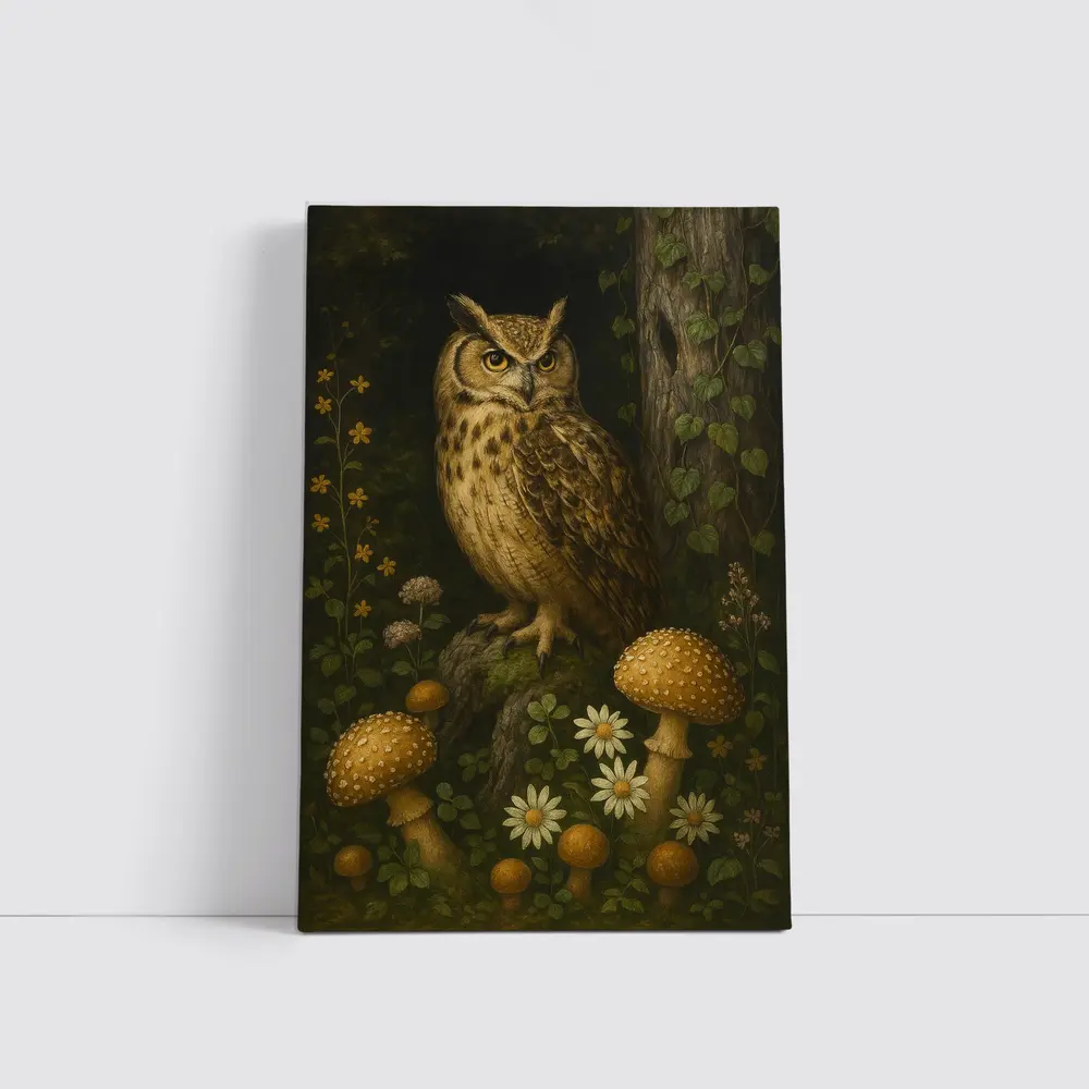 Great Horned Owl Mushrooms Forest Dark Background – Wall Art