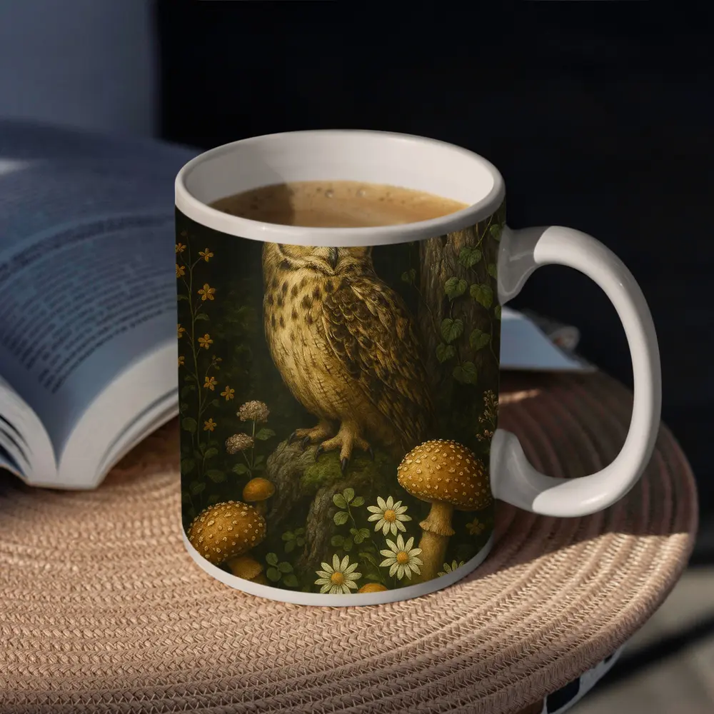 Great Horned Owl Mushrooms Forest Dark Background – Mugs