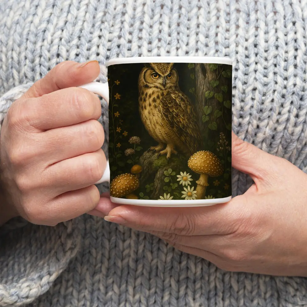 Great Horned Owl Mushrooms Forest Dark Background – Mugs
