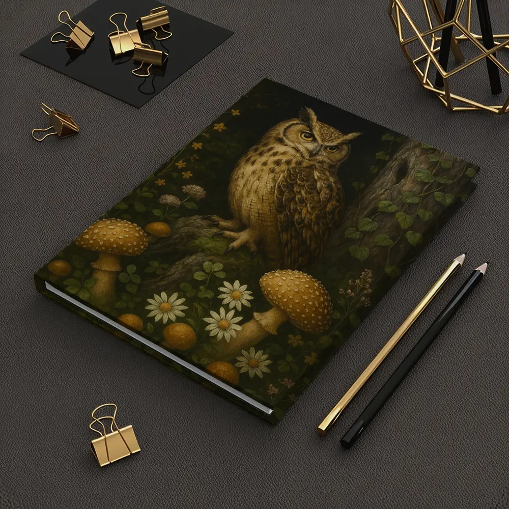 Great Horned Owl Mushrooms Forest Dark Background – Notebooks