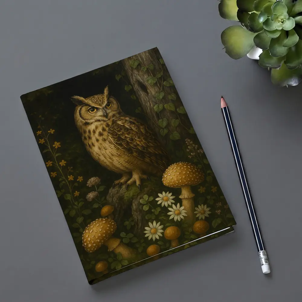Great Horned Owl Mushrooms Forest Dark Background – Notebooks