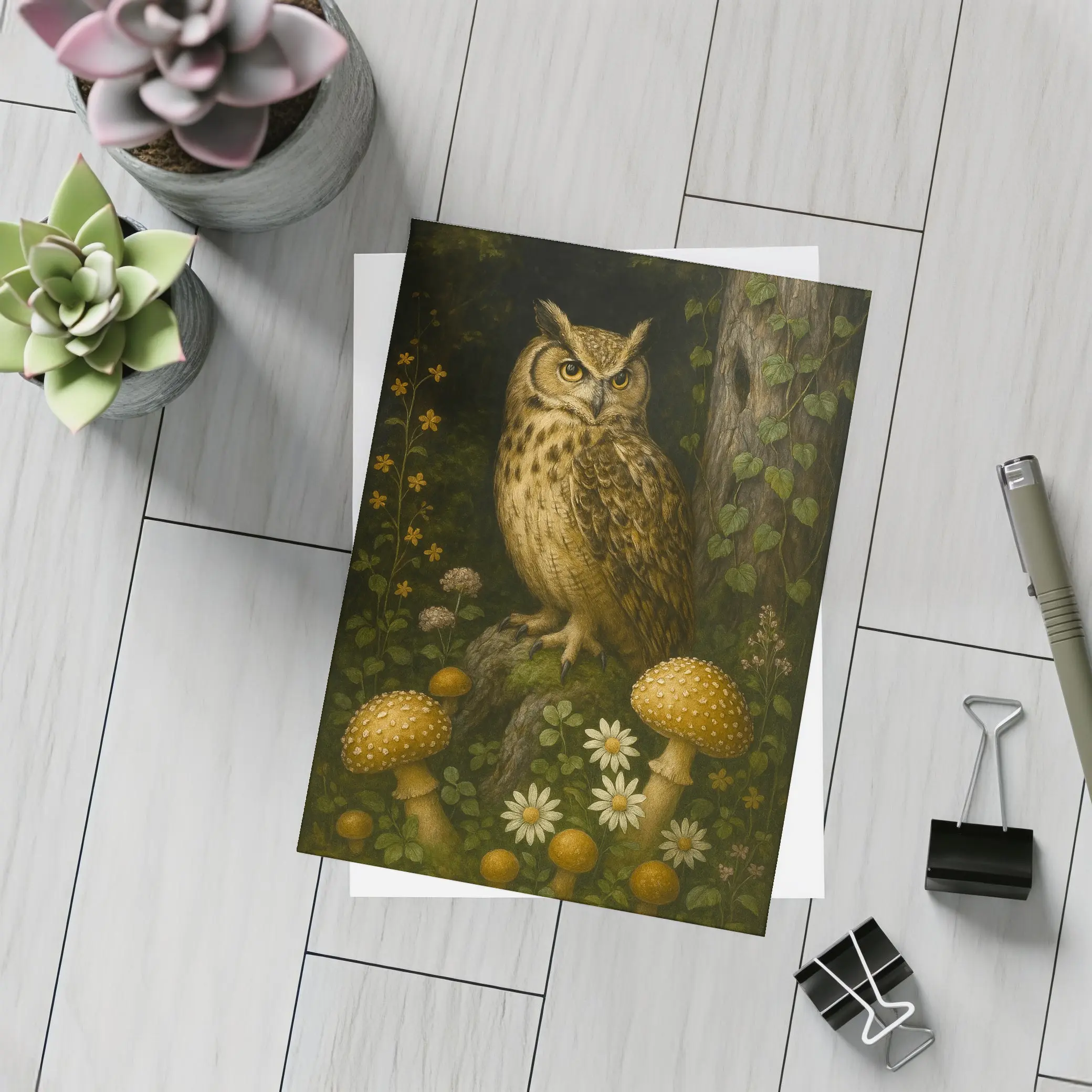 Great Horned Owl Mushrooms Forest Dark Background – Postcards