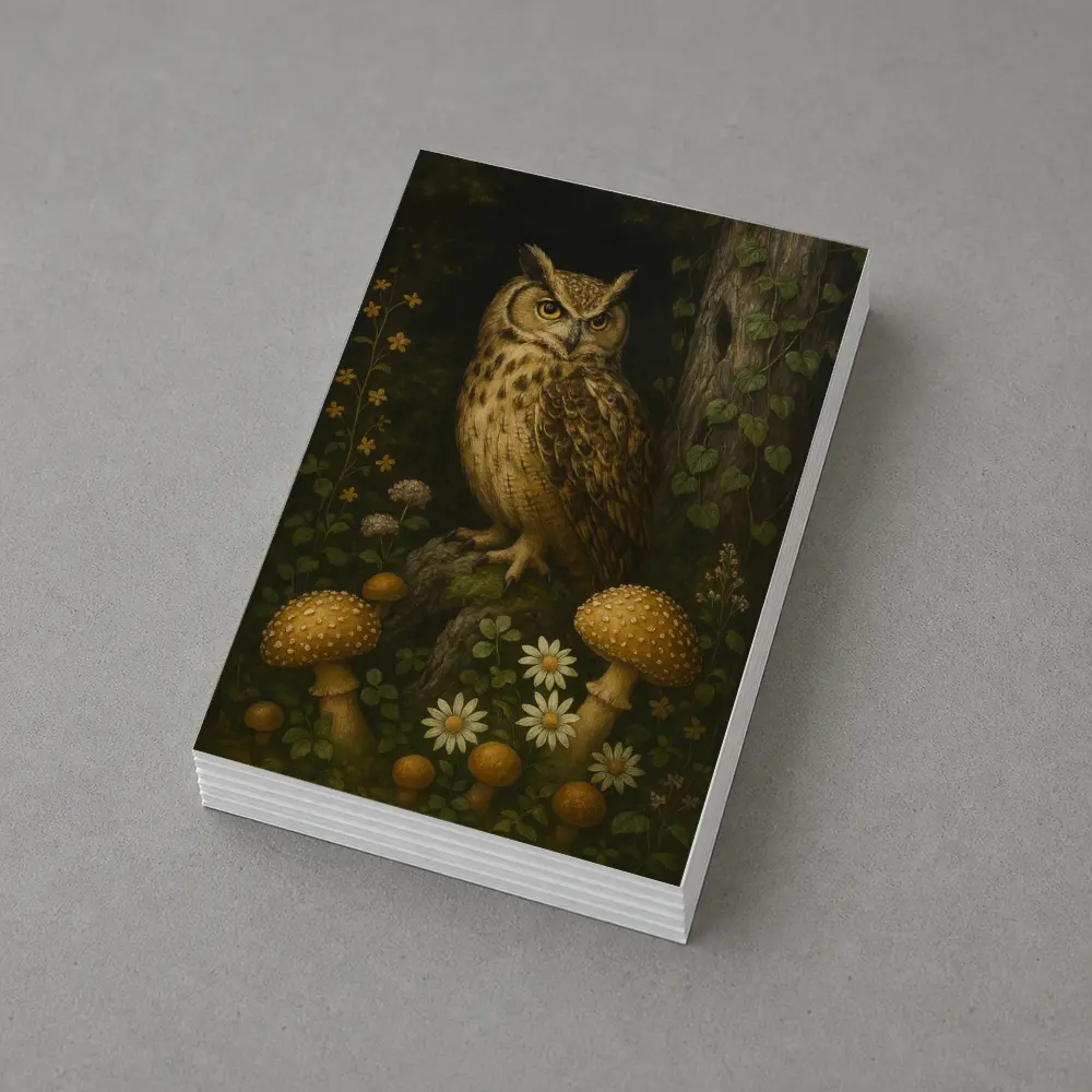 Great Horned Owl Mushrooms Forest Dark Background – Postcards