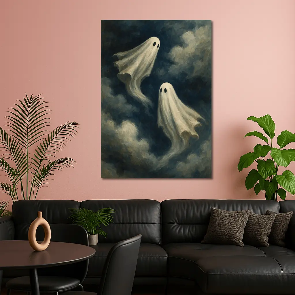 Two Ghosts Floating Dark Cloudy Sky – Wall Art