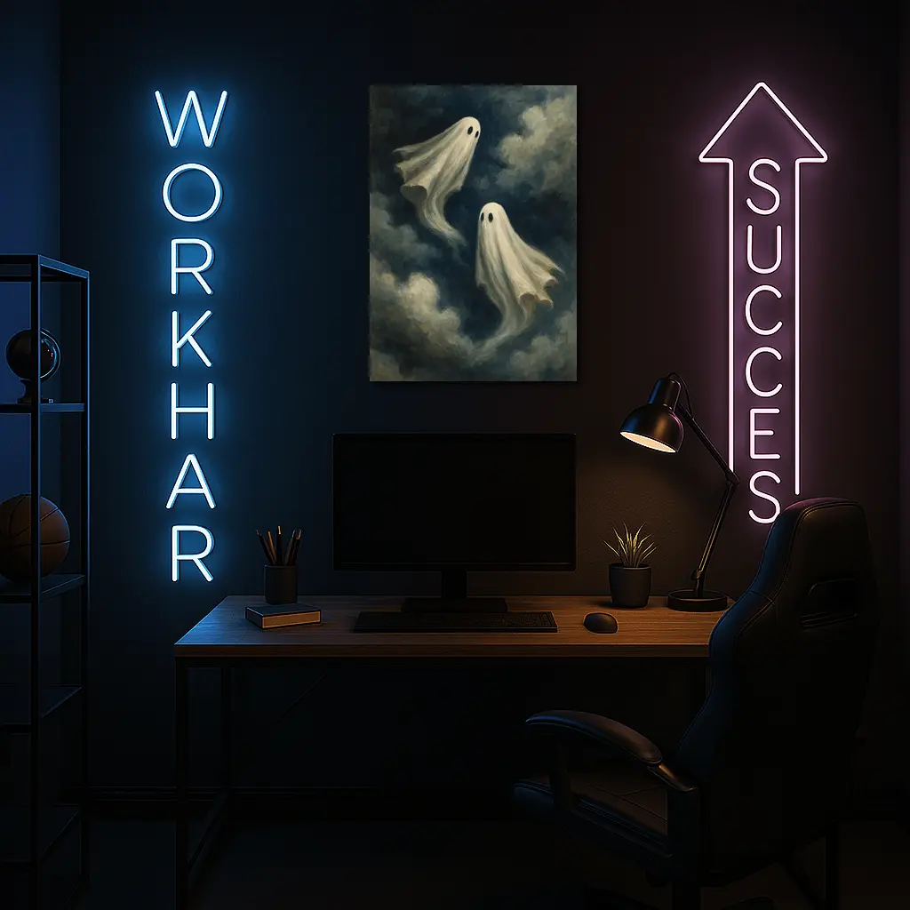 Two Ghosts Floating Dark Cloudy Sky – Wall Art