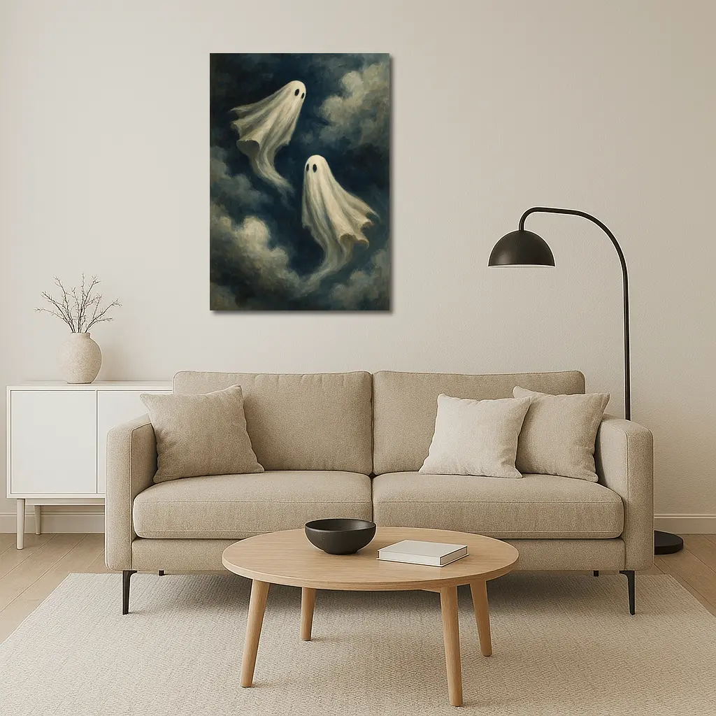 Two Ghosts Floating Dark Cloudy Sky – Wall Art
