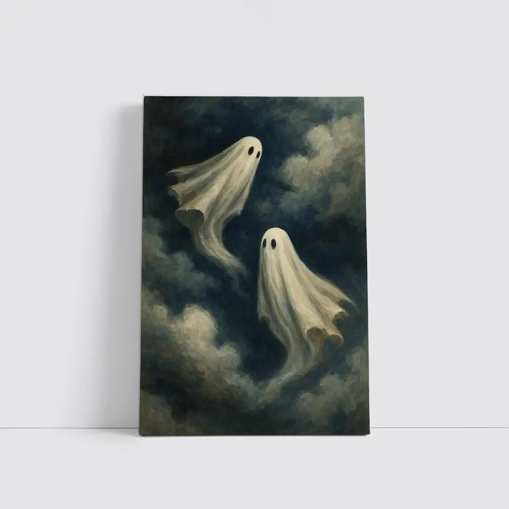 Two Ghosts Floating Dark Cloudy Sky – Wall Art