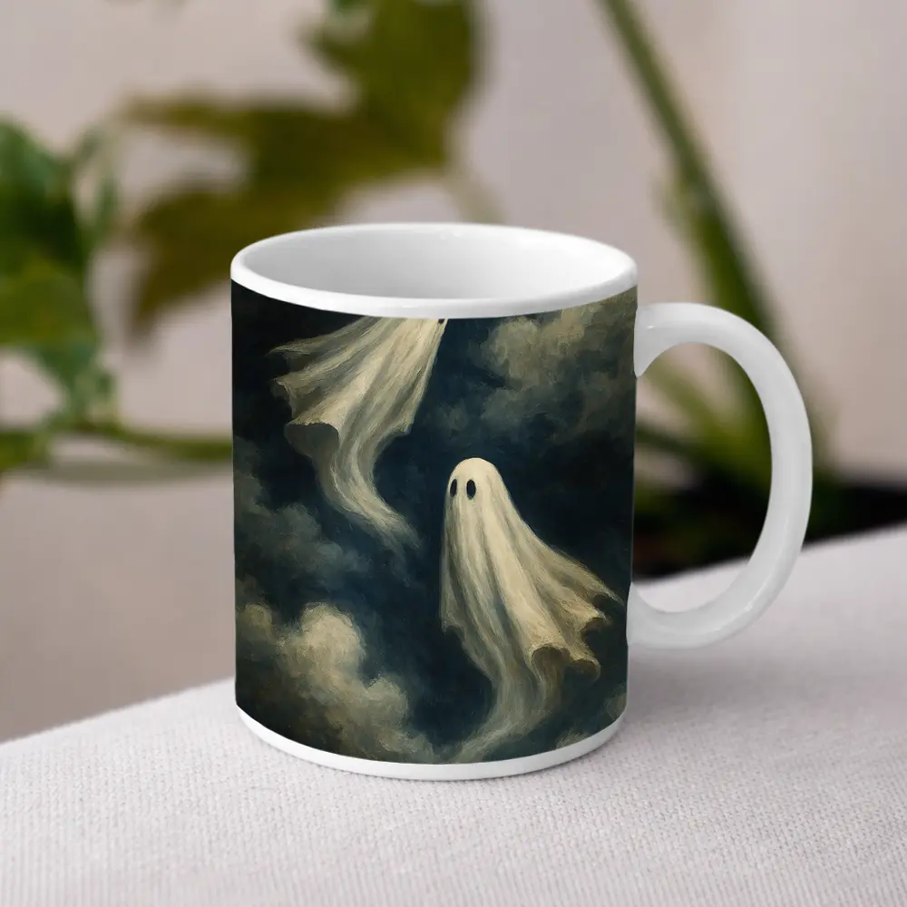 Two Ghosts Floating Dark Cloudy Sky – Mugs