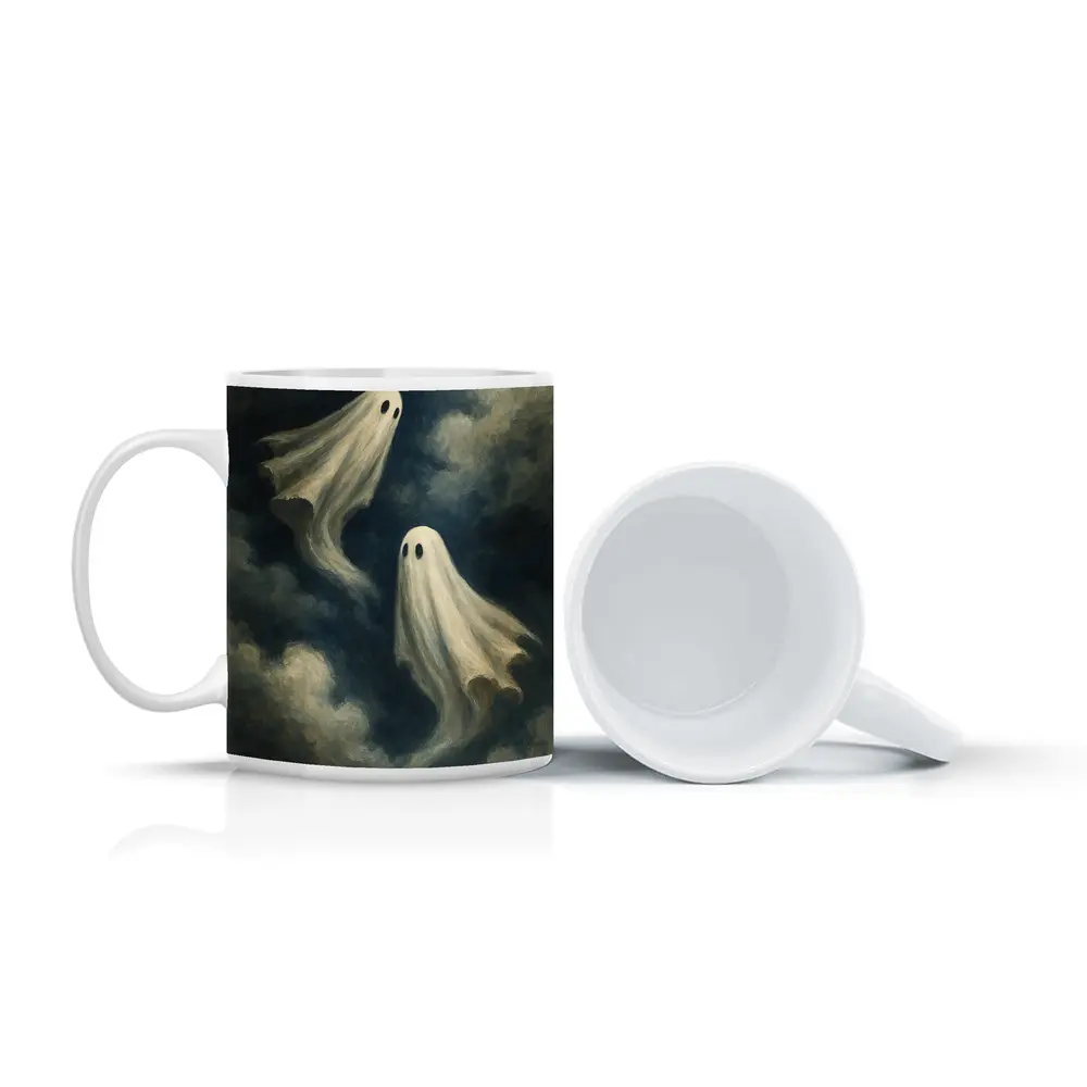 Two Ghosts Floating Dark Cloudy Sky – Mugs