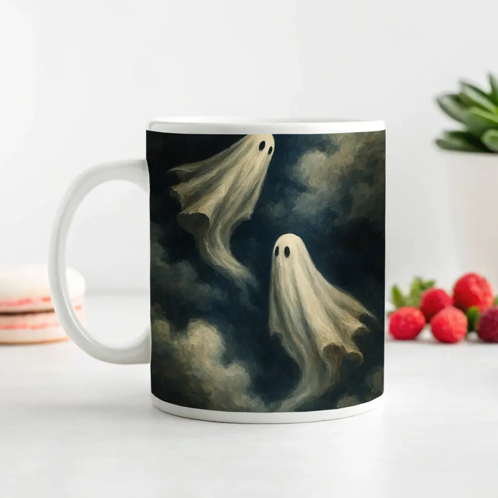 Two Ghosts Floating Dark Cloudy Sky – Mugs