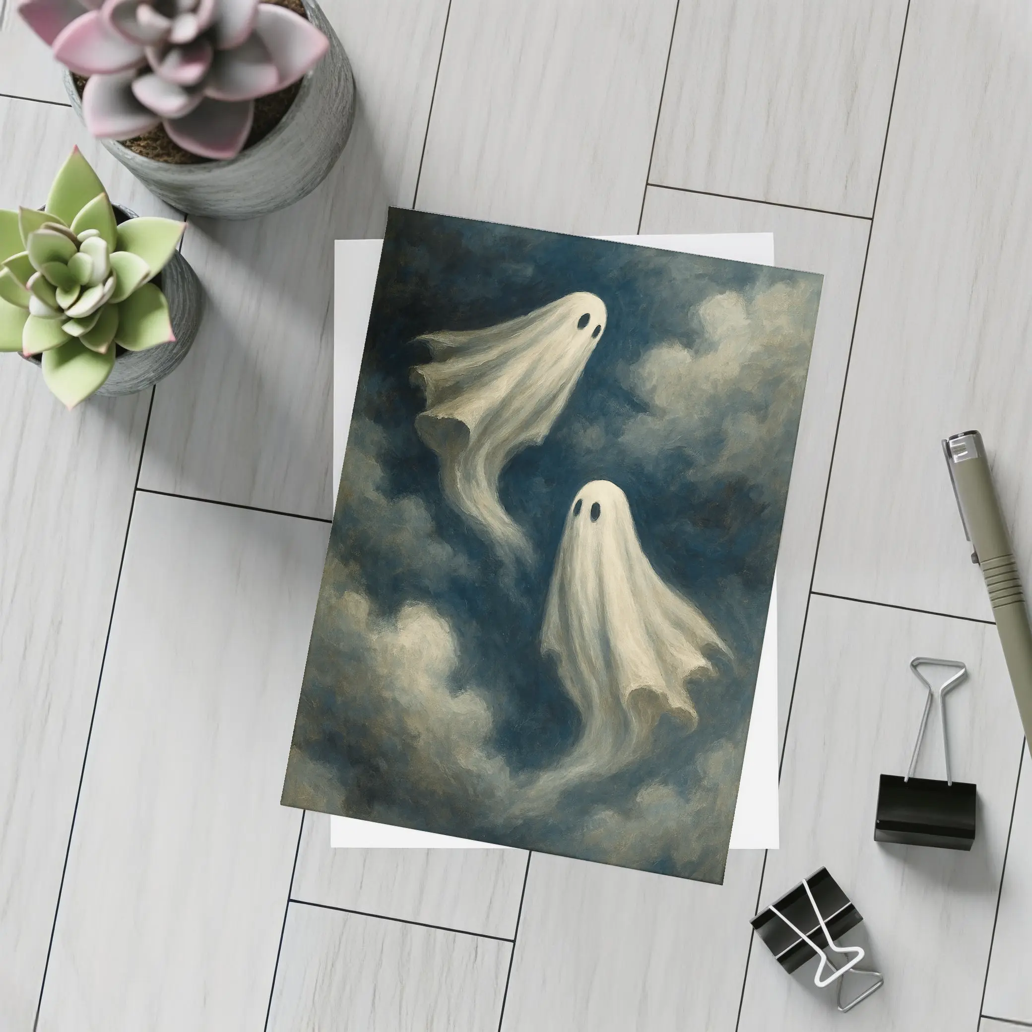 Two Ghosts Floating Dark Cloudy Sky – Postcards