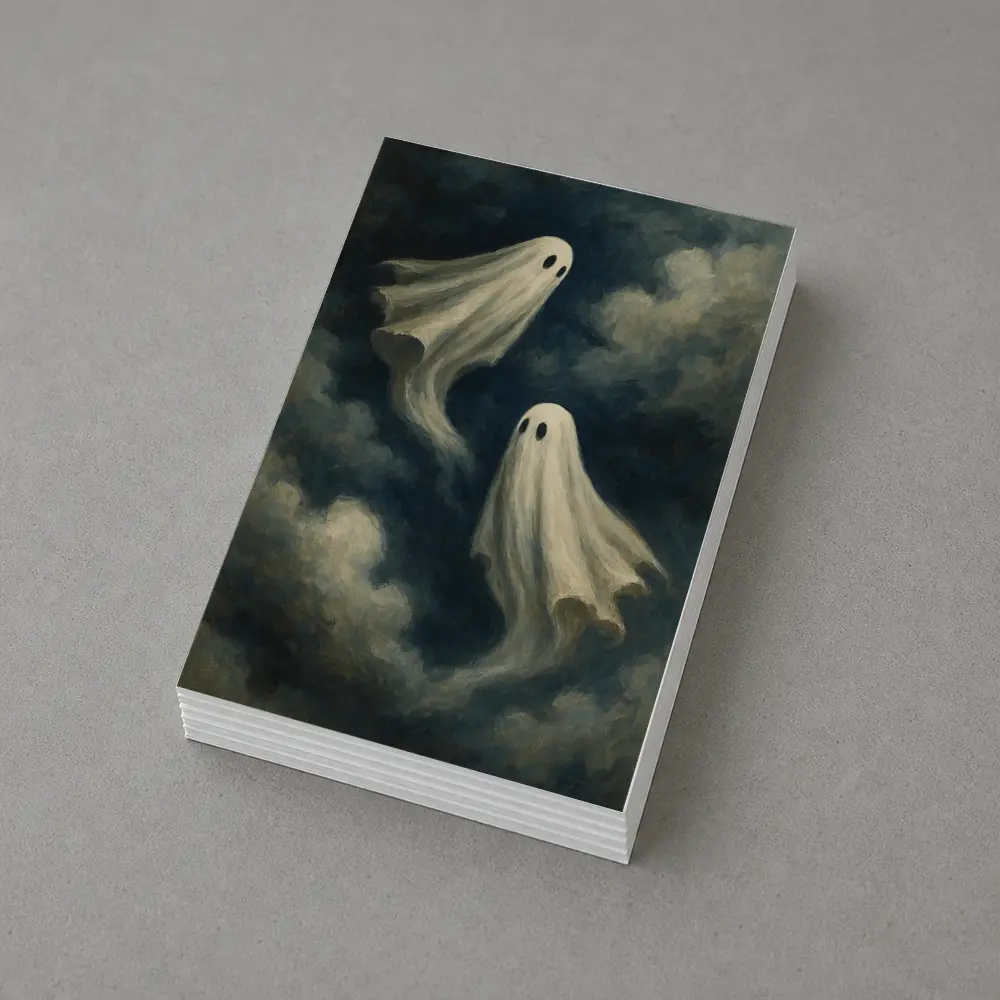 Two Ghosts Floating Dark Cloudy Sky – Postcards