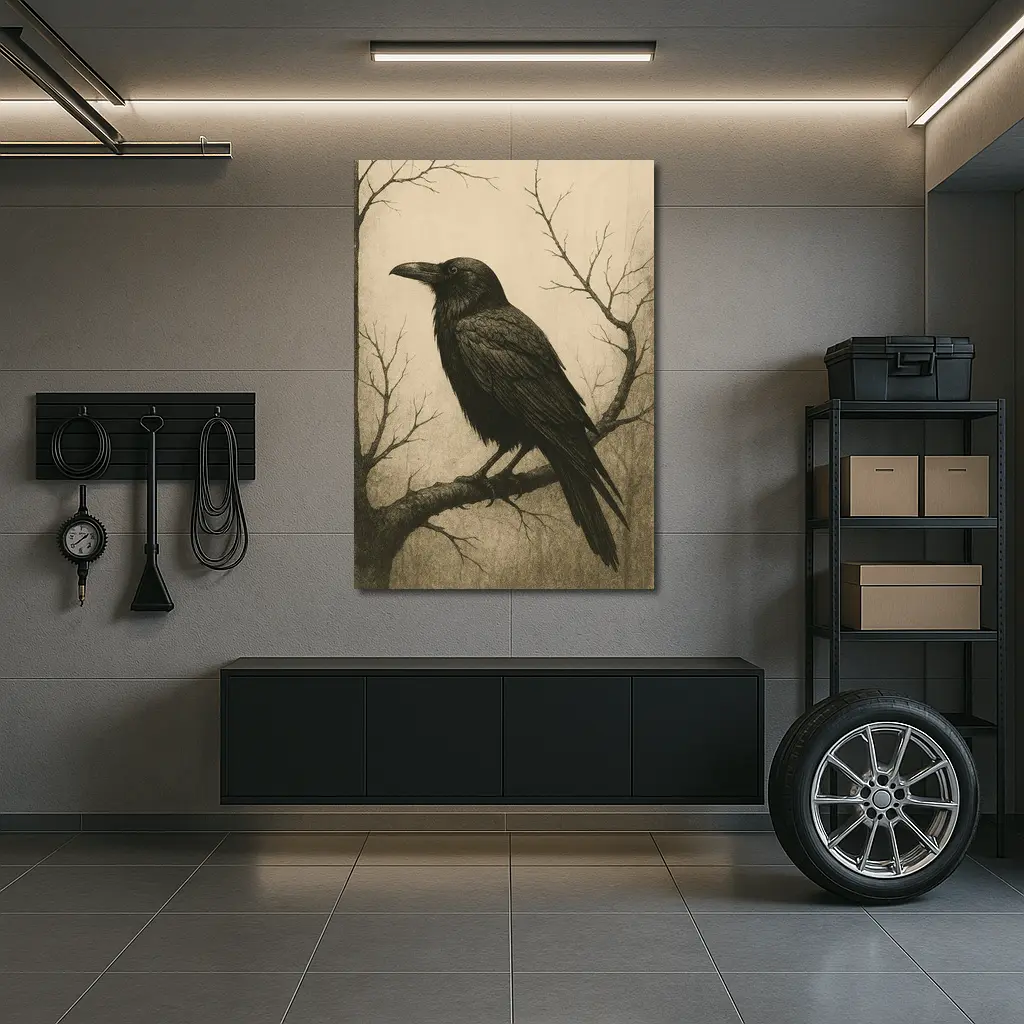 Dark Raven Perched On Bare Winter Branch – Wall Art