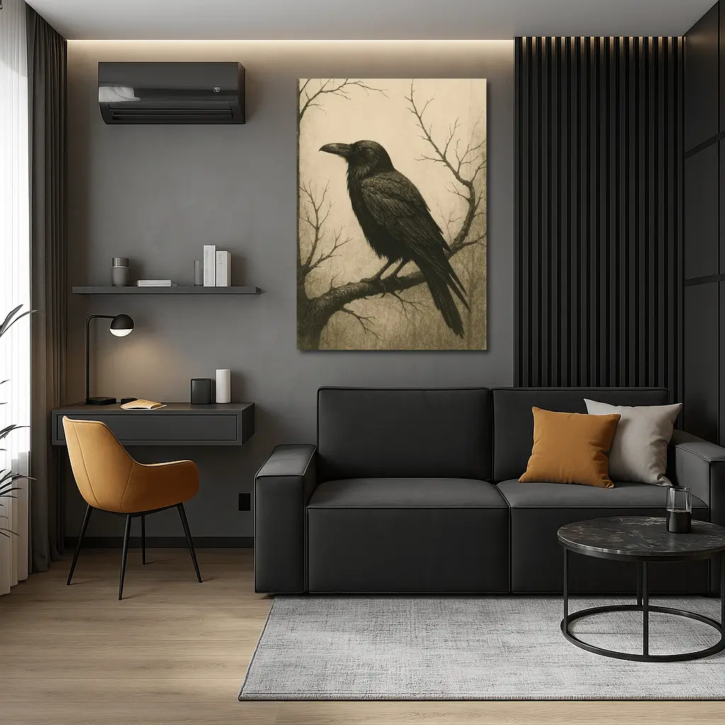 Dark Raven Perched On Bare Winter Branch – Wall Art