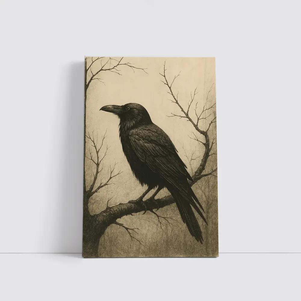 Dark Raven Perched On Bare Winter Branch – Wall Art