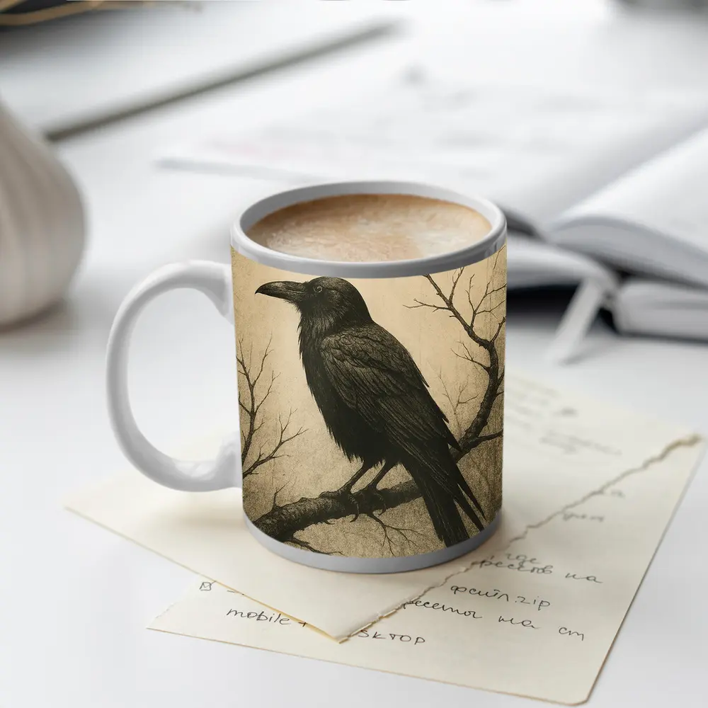 Dark Raven Perched On Bare Winter Branch – Mugs