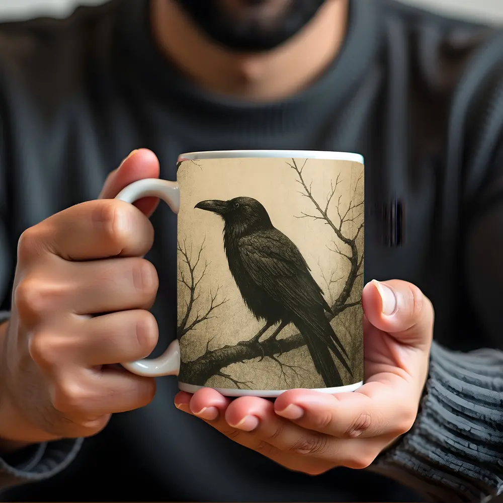 Dark Raven Perched On Bare Winter Branch – Mugs