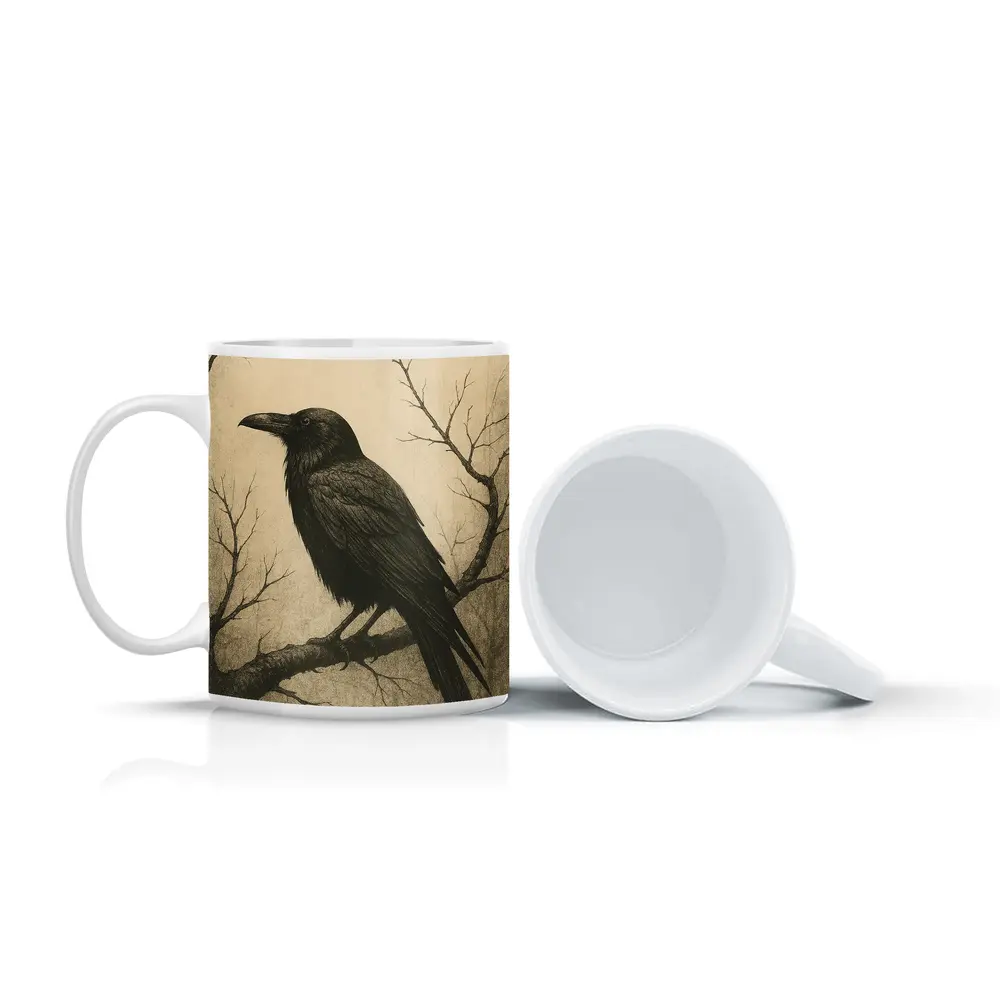 Dark Raven Perched On Bare Winter Branch – Mugs