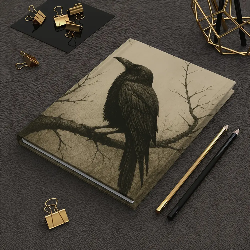 Dark Raven Perched On Bare Winter Branch – Notebooks