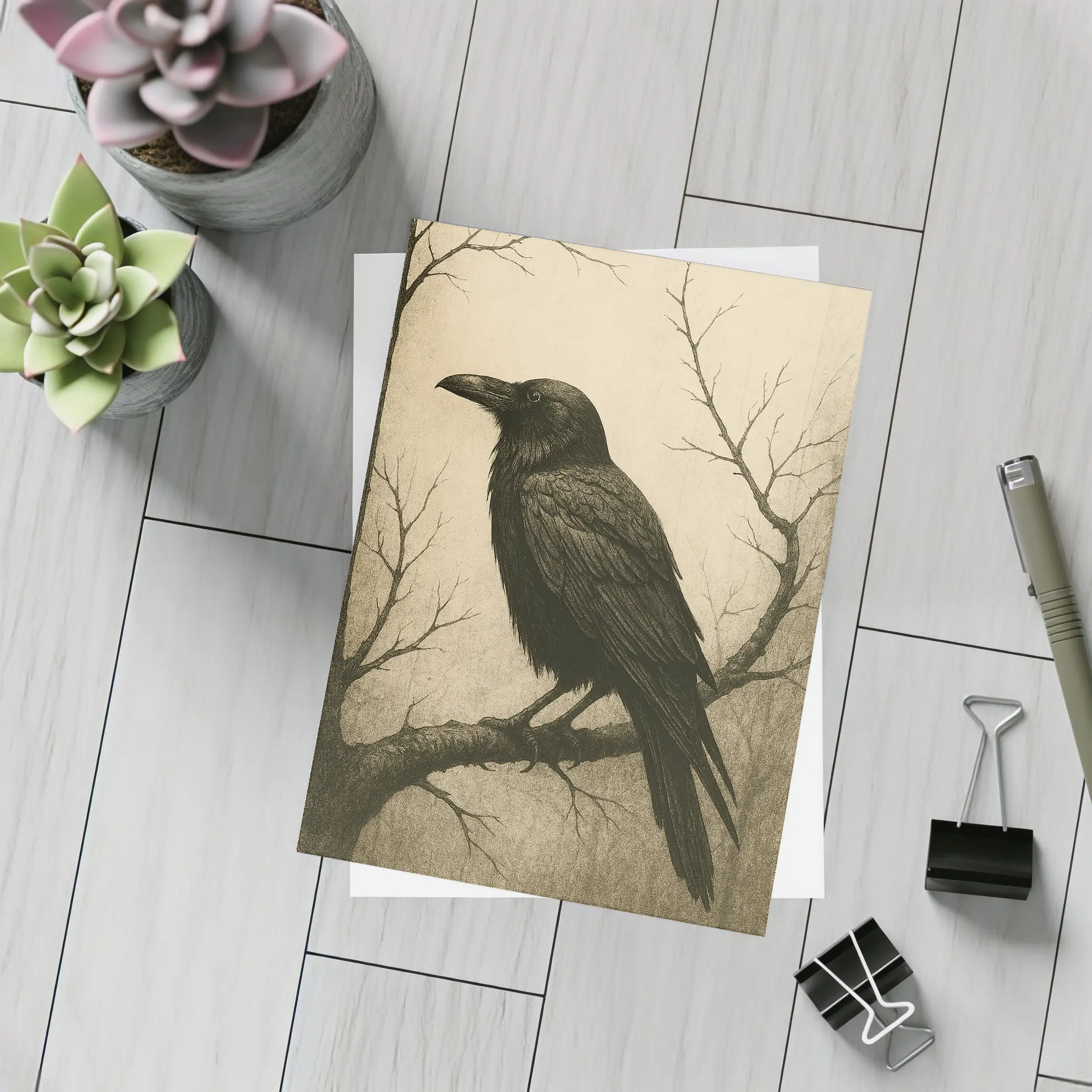 Dark Raven Perched On Bare Winter Branch – Postcards