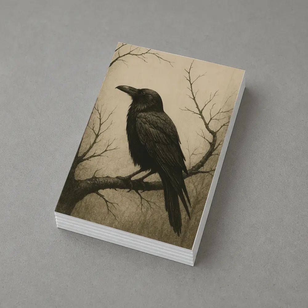 Dark Raven Perched On Bare Winter Branch – Postcards