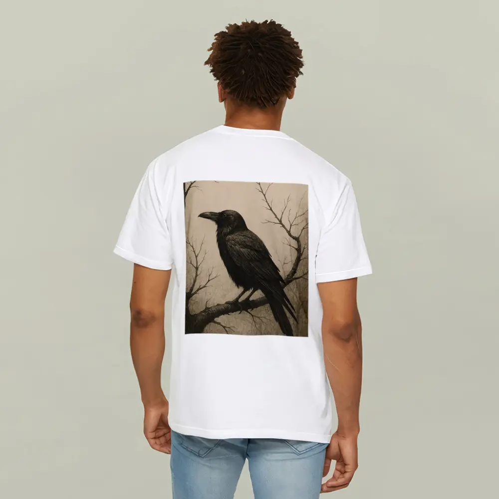 Dark Raven Perched On Bare Winter Branch – T-Shirts