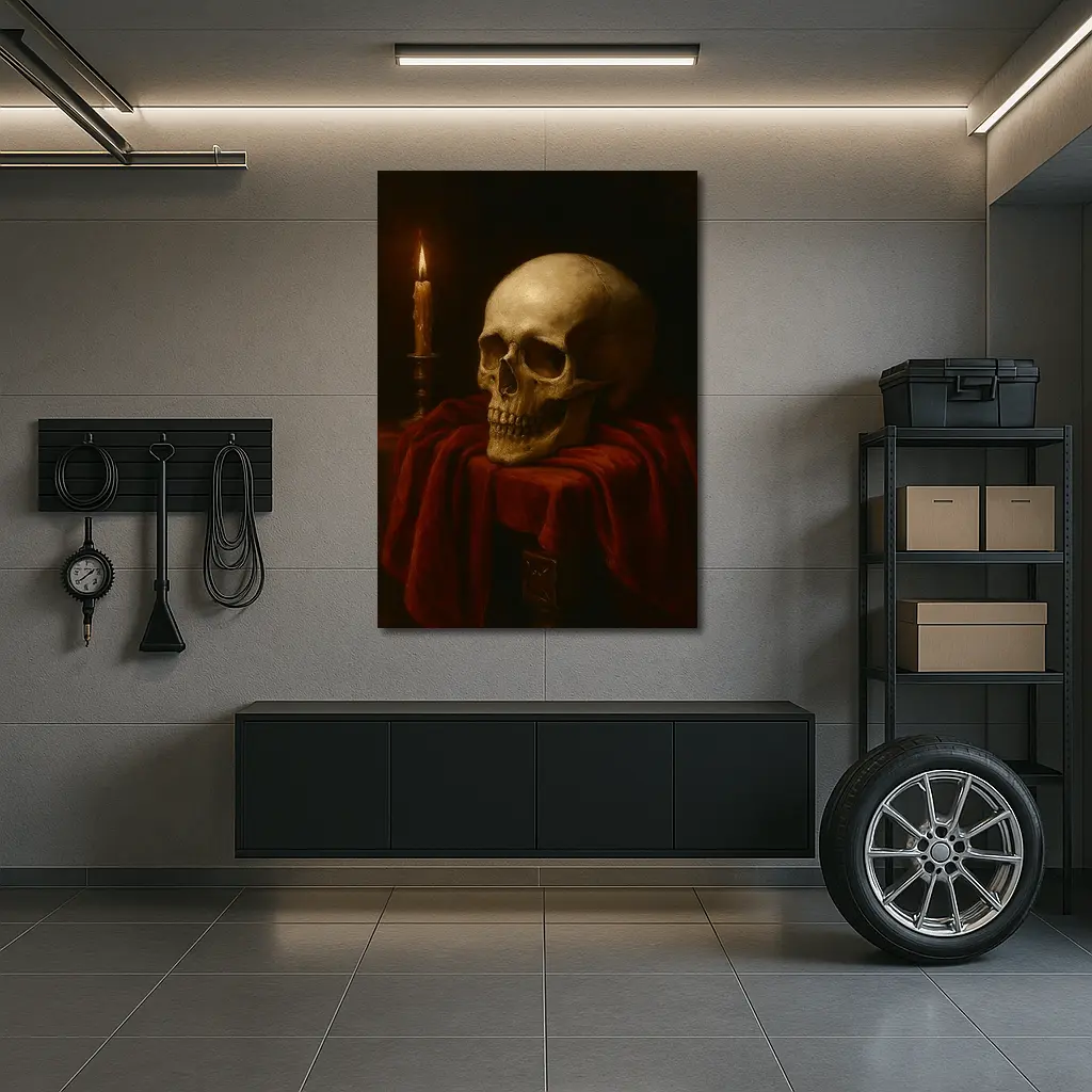 Skull Candlelight Red Velvet Dark Oil Painting – Wall Art