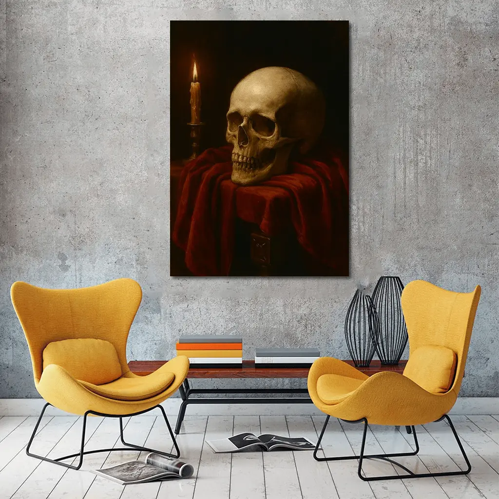 Skull Candlelight Red Velvet Dark Oil Painting – Wall Art